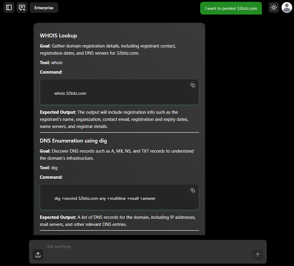 Modern interface of PentestAI showing AI analysis of network security vulnerabilities with code snippets and dashboard metrics